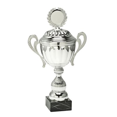 Zilveren winnaarstrofee Vigga - met deksel, handvat, marmeren voet & embleemhouder - 8 maten (25,5-43 cm)