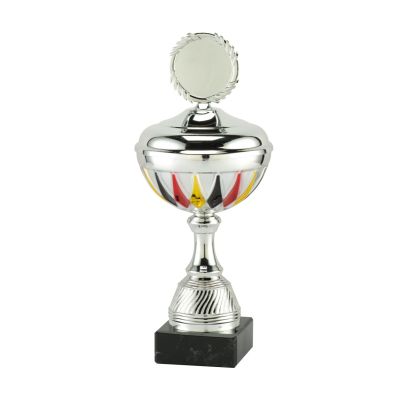 Trofee Zilveren met Belgische kleuren en deksel met embleemhouder vanaf 23 cm